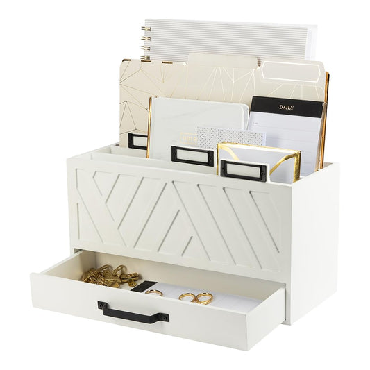 BLU MONACO | Wooden Mail Organizer with Drawer and Gold Labels | Mail Sorter Organizer Countertop for Desk | Paper and Letter Sorter for Office Storage