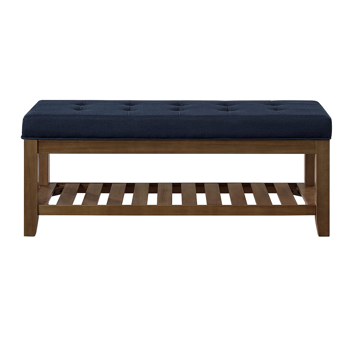 24KF Large Rectangular Upholstered Tufted Linen Fabric Ottoman Bench, Padded Bench with Solid Wood Shelf-Navy Blue