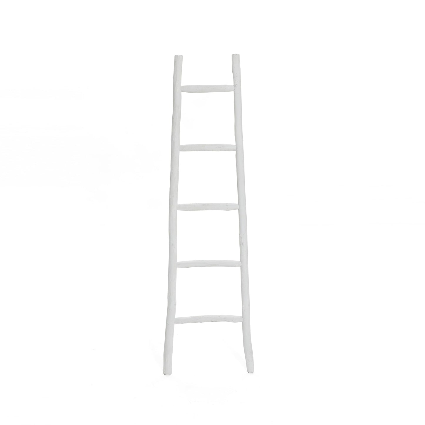 LuxenHome Rustic Blanket Ladder, 59'' White Solid Wood 5-Rung Blanket Ladder, Boho Furniture for Living Room, Bathroom Towel Rack Home Decor Accessories, Towel Stand