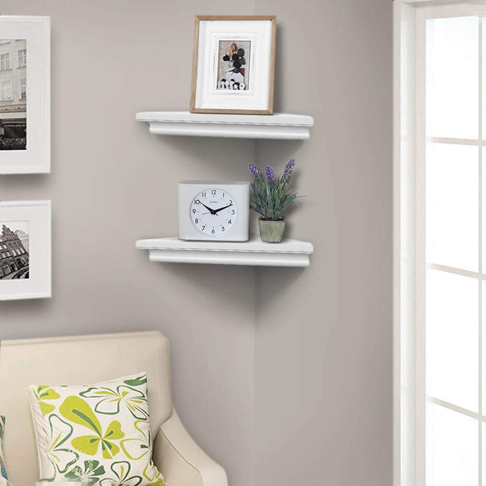 AHDECOR White Corner Shelves, Stylish Wall Mounted Corner Shelf for Space-Saving Storage in Living Room, Bedroom, and Office, Set of 2