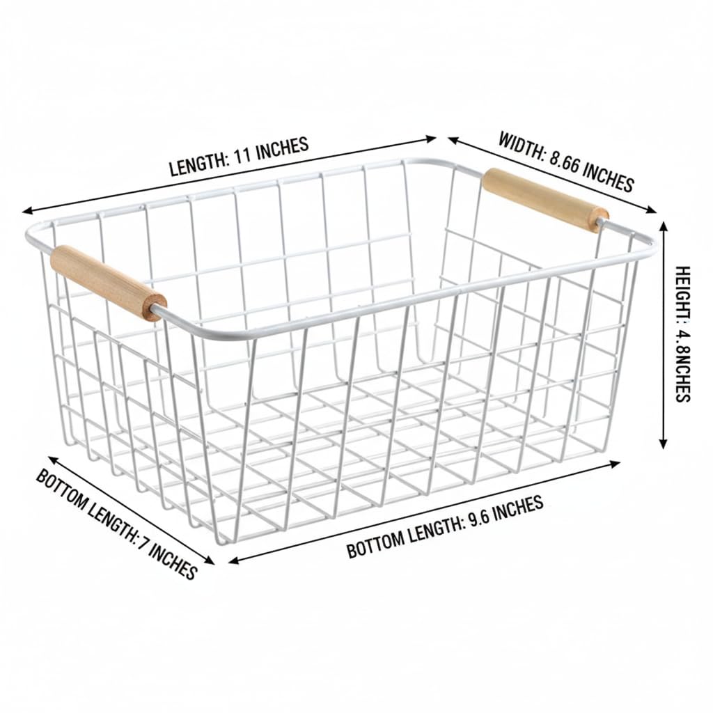 HDYOUDO White Metal Wire Food Storage Basket with Wooden Handles for Organizing Snack Basket,Pantry Organizers and Storage for Kitchen Cabinets 4 Pack (Medium)