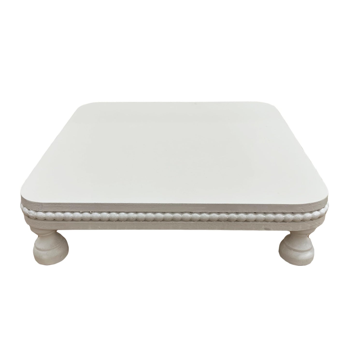 dwellington Farmhouse Display Wood Riser, 12" Decorative Beaded Pedestal Stand, Square Tiered Tray Decor for Kitcher Decor, Countertop (White)