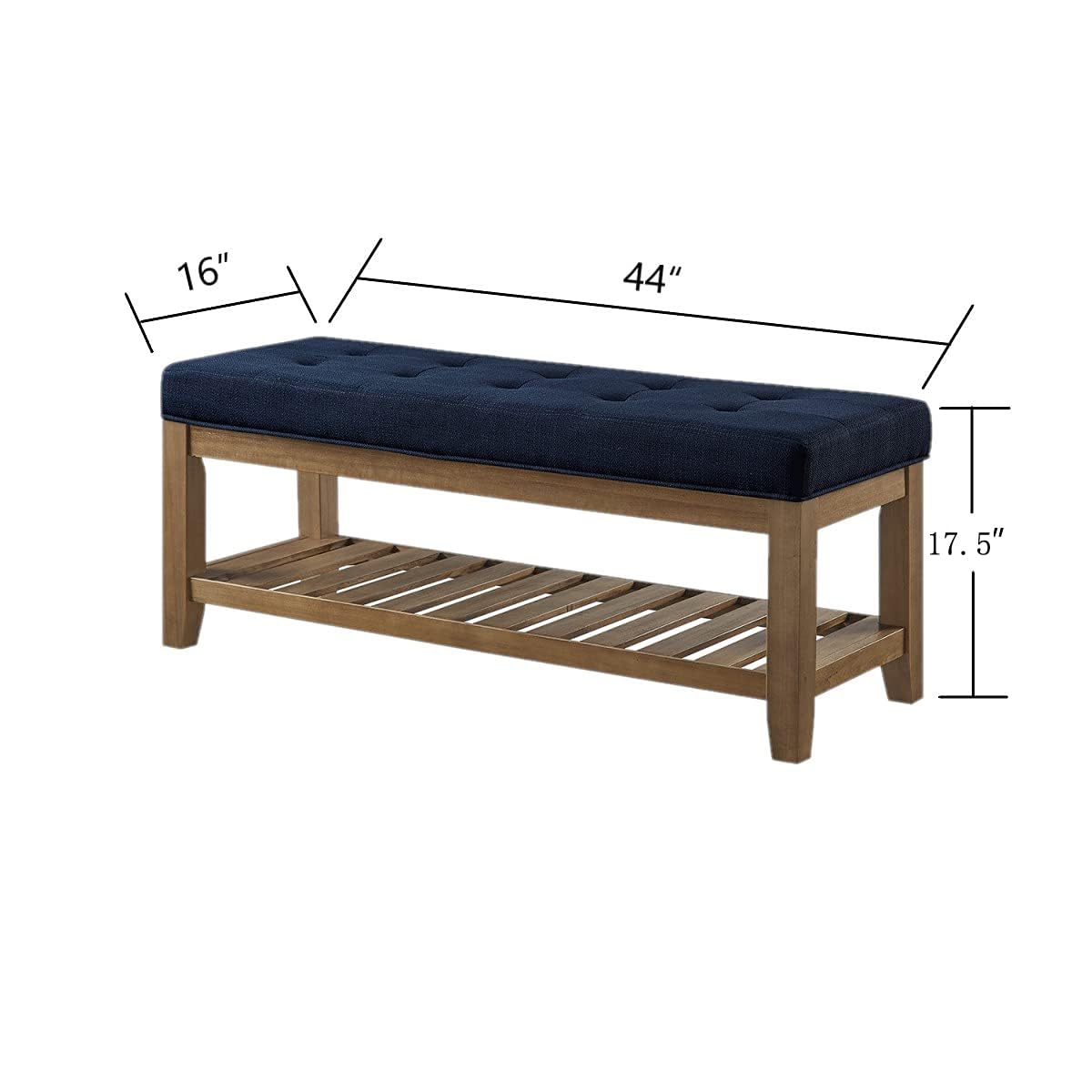 24KF Large Rectangular Upholstered Tufted Linen Fabric Ottoman Bench, Padded Bench with Solid Wood Shelf-Navy Blue