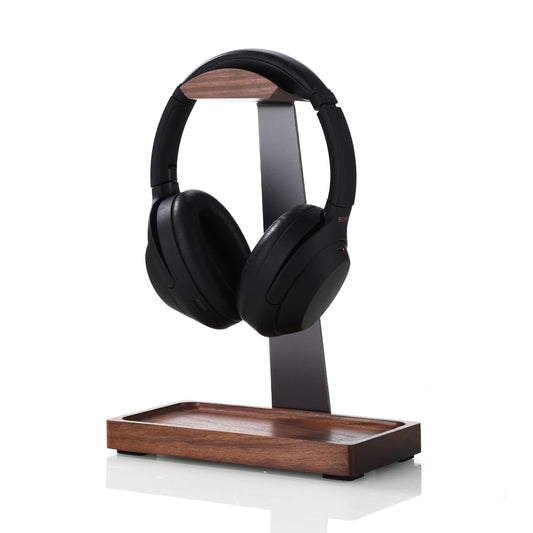 NIRVASH Walnut Headphone Stand, Wooden Headset Stand for Desk, Wood Gaming Headphone Holder with Storage Base for Airpod max, Bose, Razer, Sennheiser, Jabra, JBL, AKG, Vintage Gift for Men, Grey