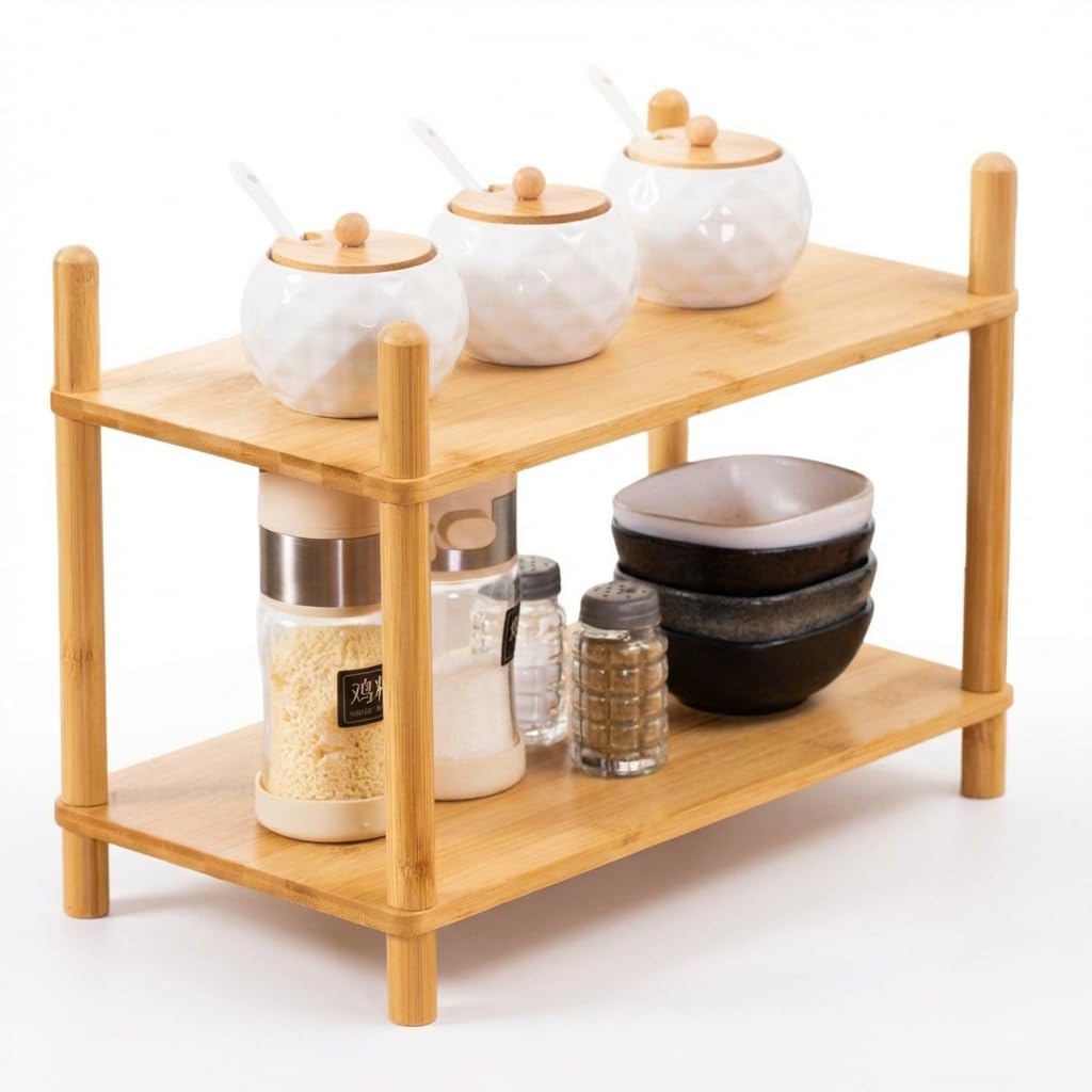 WooFawn 2-Tier Expandable Bamboo Desktop Organizer Shelf Kitchen Cabinet and Counter Riser Display Shelf for Top of Desk Home Office Bathroom Coffee Table Display Stand,Natural