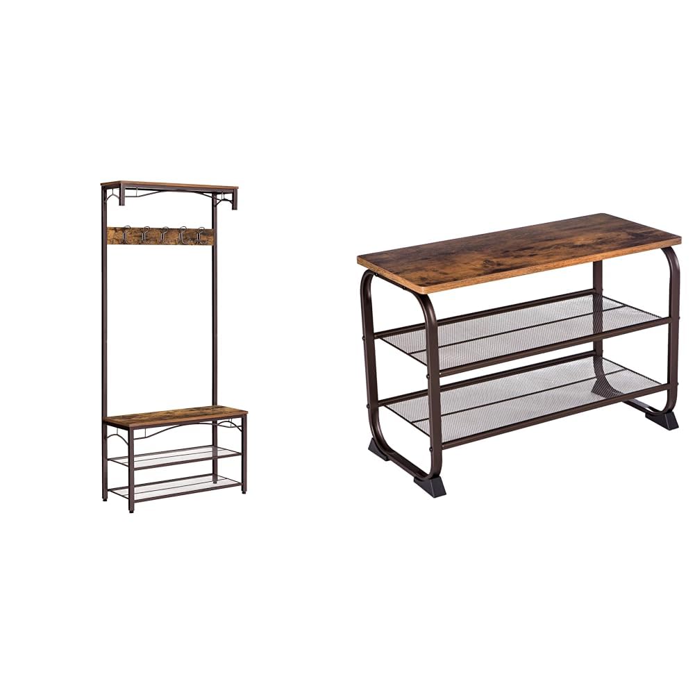 VASAGLE Coat Rack, 3-in-1 Hall Tree, Entryway Shoe Bench Coat Stand, Storage Shelves & Shoe Bench Rack, 3-Tier Storage Shelf for Entryway Hallway Living Room, Industrial Accent Furniture