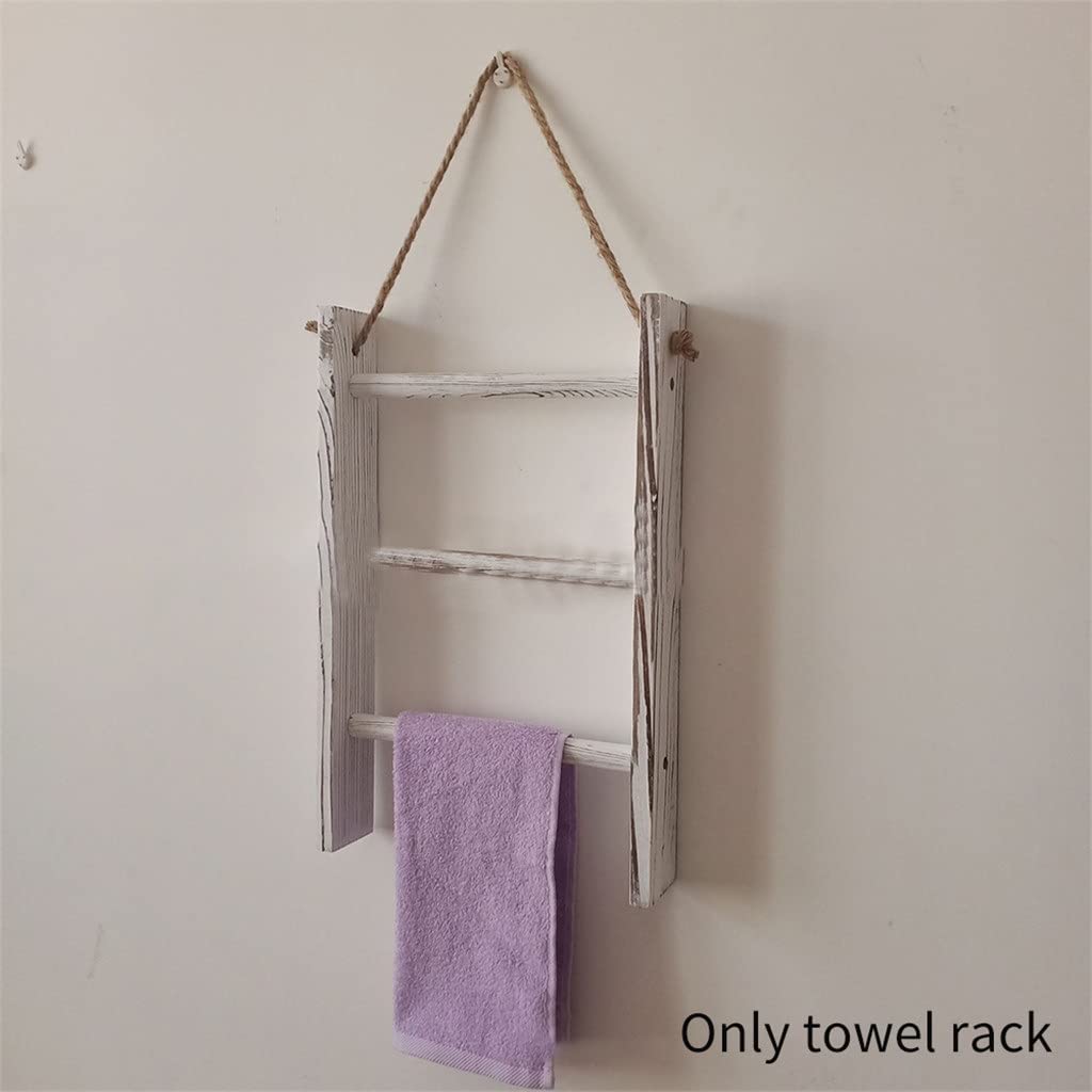 HIONJIN 3 Tiers Blankets Wooden Towel Rack Wall Hanging Bathroom Mini with Rope Retro Living Room Storage Ladder Home Decor