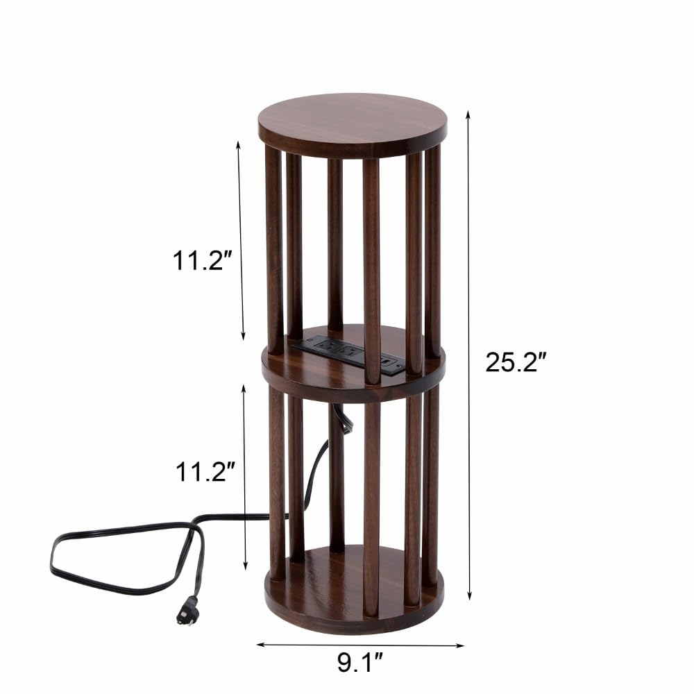 9 x25 Fully Assembled Walnut Wood Round Drink Table with Charging Station, Mid-Century Modern Circle Wood Accent Pedestal Table for Living Room or Small Bedroom Nightstand