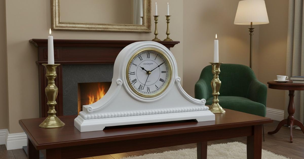 vmarketingsite Mantel Clocks, Battery Operated, Silent Wood Table Clock with Westminster Chimes On The Hour, Solid Wooden Shelf Chiming Mantle Clock, 9" x 16" x 3" (White - Roman Numerals)