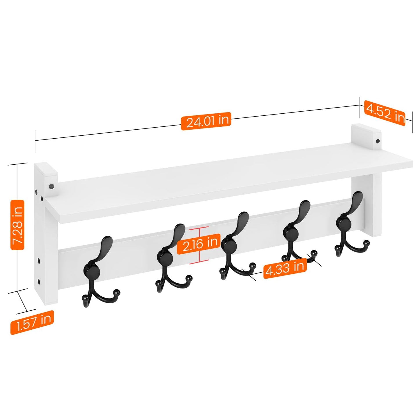 Homode Wall Shelf with Hooks, 24 Inch Coat Rack with Tri Hooks, Farmhouse Entryway Floating Coat Hanger with Storage for Bathroom, Entry Way, Mudroom, White