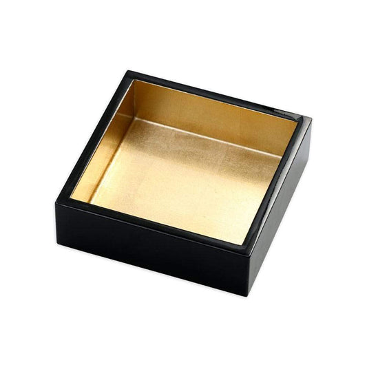 Caspari Lacquer Cocktail Napkin Holder in Black & Gold – Handcrafted High-Gloss Wooden Holder for Caspari Cocktail Napkins, Elegant Bar or Table Accessory
