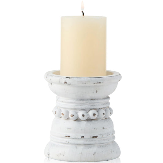 THORNIA Wooden Candle Holder with Metal Cup - Rustic 4 Inch Pillar Candles Pedestal Stand for Tabletop, Fireplace, Decorative Beaded Candlestick Holders for Farmhouse Vintage Home Decor - White