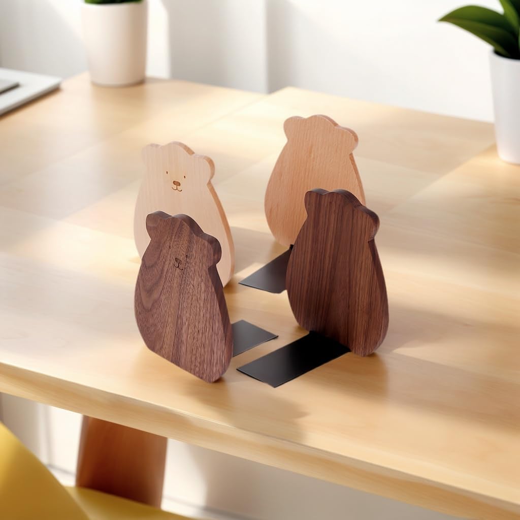 Cute Bear-Shaped Book Ends for Shelves, Detachable Design Bookends for Heavy Books, with Anti-Slip Foam Pads, an Ideal Gift for Book Fans (Pack of 2,Beech Wood Bear)