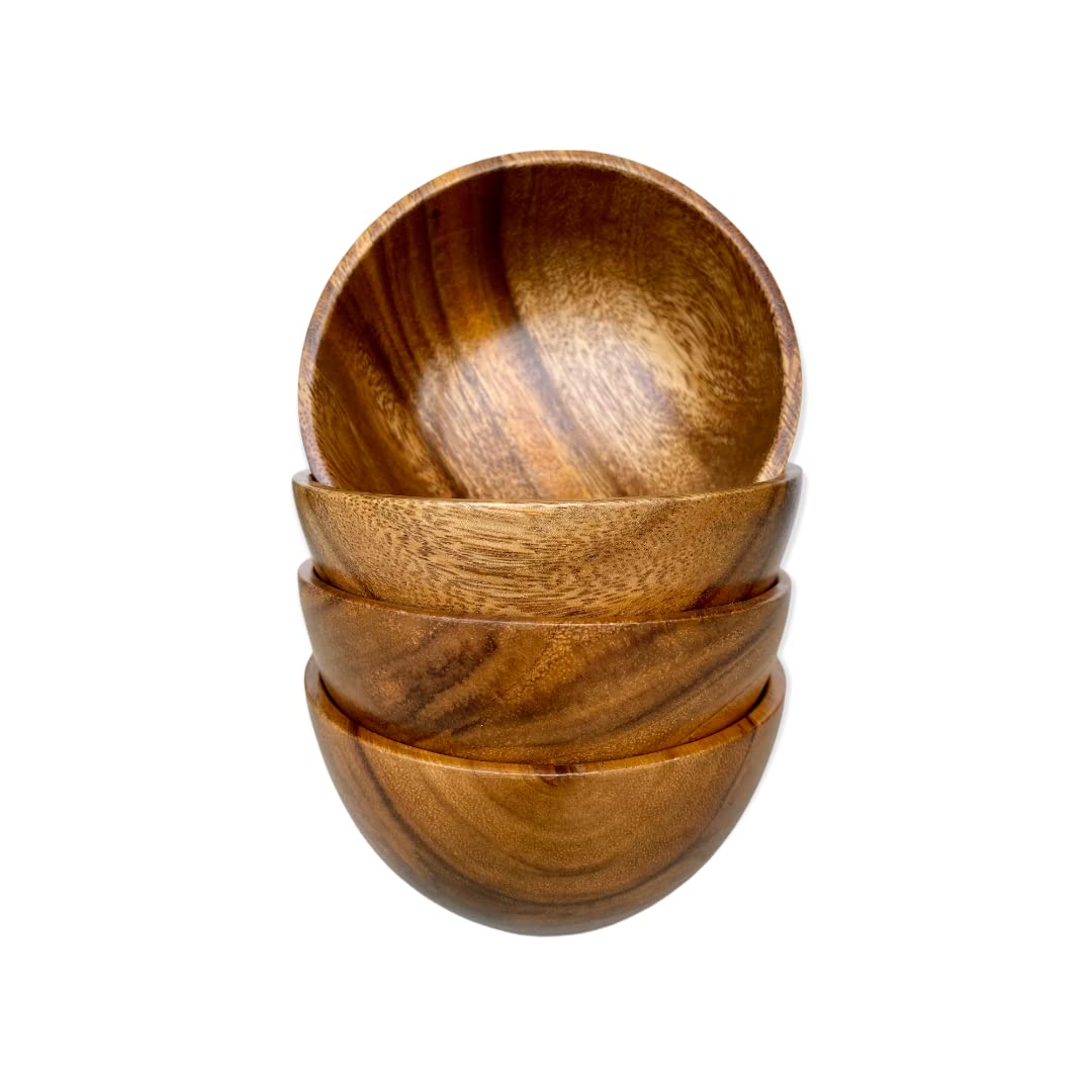 WRIGHTMART Small Wooden Bowls Set of 4, 5 Inch Solid Acacia Wood Bowls, Joint-Free Non-Laminated Snack & Dip Bowls, Handmade Rustic Bowls for Nuts, Desserts, Sauces & Side Dishes