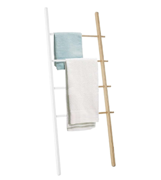 SHSWUD Free Standing Towel Rack, Pool Towel Ladder Wooden Rack Rail Blanket Clothes for Bathroom Bedroom Large Storage(White)