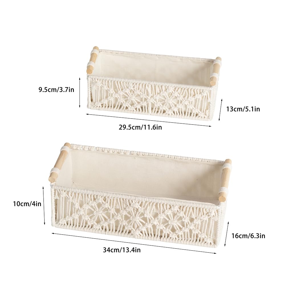 WINDAWNKE 2 Pack Macrame Storage Baskets Boho Decor Style Storage Boxes, Toilet Paper Basket with Wood Handles for Home Bedroom Decor (Rhombus)