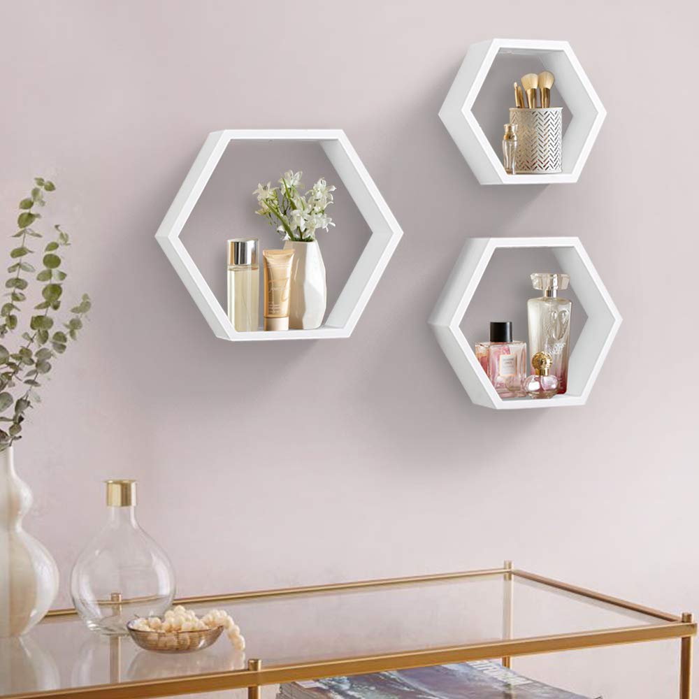 ZGZD Set of 3 White Wooden Hexagon Wall Shelves - Modern Decorative Storage for Home, Kitchen, Office Stylish Floating Shelves for Small Plants, Books, and Decor