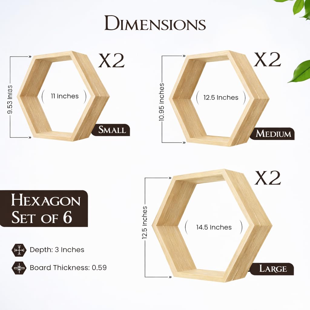 Decovate Hexagon Floating Shelves Set of 6 Honeycomb Shelves for Wall, Wooden Hexagon Shelves for Farmhouse Storage. (Natural Wood)