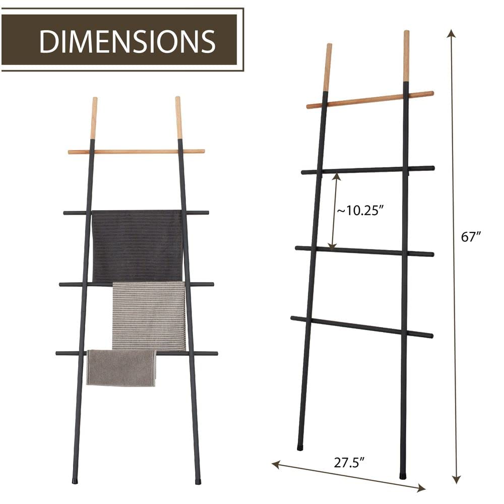 Freestanding Towel Ladder Rack, Space Saving, No-Scratch Wood, for Household Use (Black)
