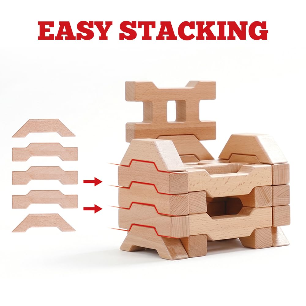 Sing2sky 31 Beech Wood Stacking Building Blocks for Kids Montessori Open-Ended Toys Wooden Shaped Stacking Puzzle, Gift Toy for Toddlers, Compatible with Wooden Blocks, Storage Bag - Natural 4.4IN