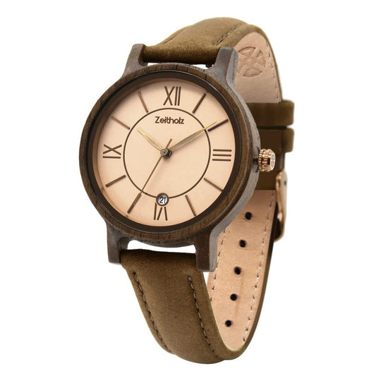 Zeitholz Wooden Watch Women, Wooden Watch, Gifts, Analog Watch, Date, New Rosenbach Collection 36mm, Natural Wood, Japanese Quartz Movement, Leather Strap. (Brown)