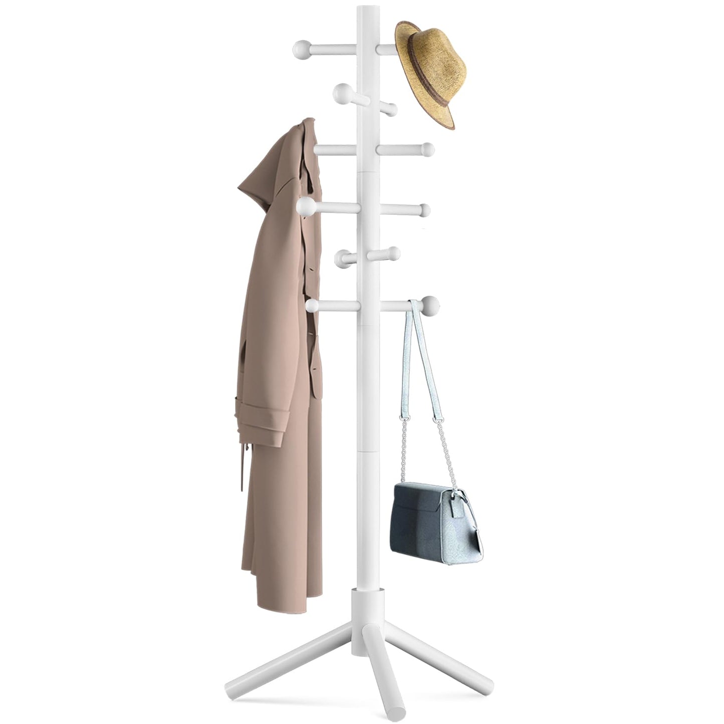 ACIPENSER Wooden Coat Rack Freestanding with 12 Hooks 3 Adjustable Heights，Standing Coat Rack Tree for Hat and Coat Rack for Small Spaces Entryway,Office,Bedroom,White