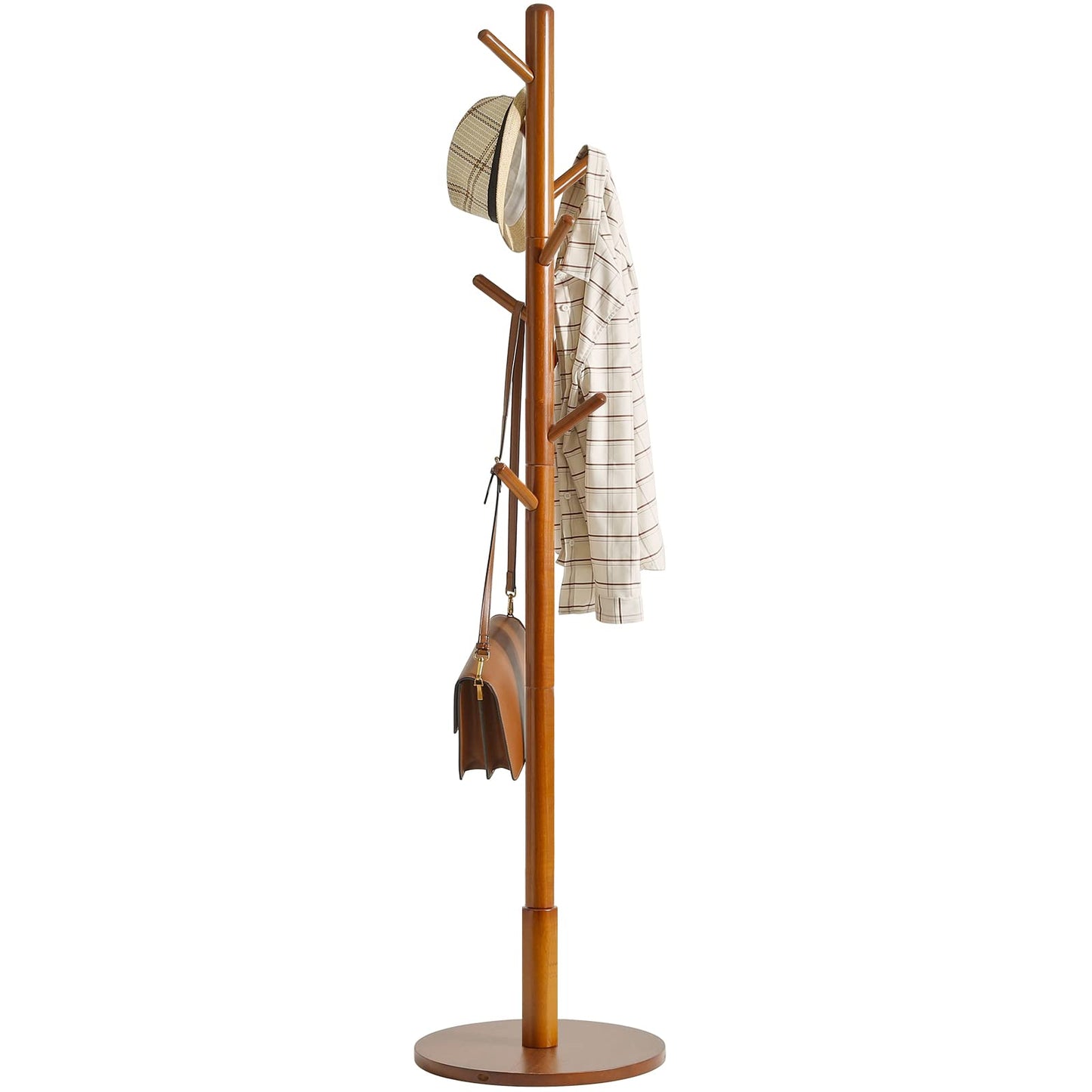 IBUYKE Coat Rack Stand, Freestanding Coat Tree with Solid Round Base and 8 Hooks, Easy Assembly Wooden Coat Hanger, Clothes Rack for Hallway Entryway, Living Room, Bedroom, Office, Brown WD-113