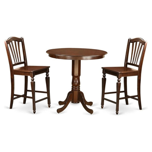East West Furniture JACH3-MAH-W 3 Piece Counter Height Dining Table Set Contains a Round Wooden Table with Pedestal and 2 Kitchen Dining Chairs, 36x36 Inch, Mahogany