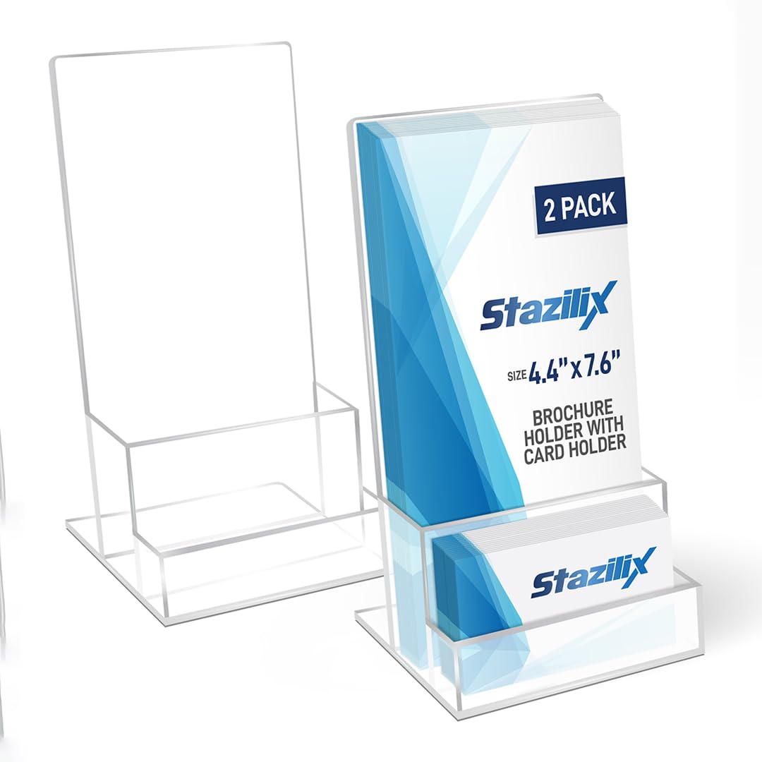 Stazilix 2 Pack Acrylic Brochure Holder Stand 4‘’, Clear brochure and business Rack Card Holder Stand, Plastic Flyer Display Stand for Magazine, Pamphlet, Booklets, Menu, Journals, Business Card