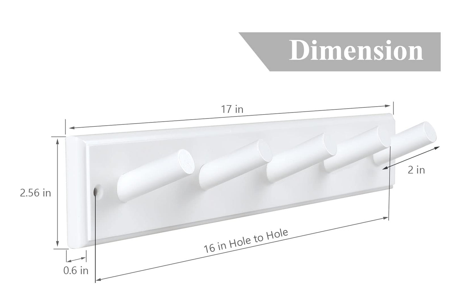 horkmous Wooden Coat Rack 2Pcs, 16'' Hole to Hole Wooden Wall-Mounted Coat Hooks, 5 Pegs Bamboo Wall Hooks for Hanging Towels, Hats, Robes, Clothes, Keys, White