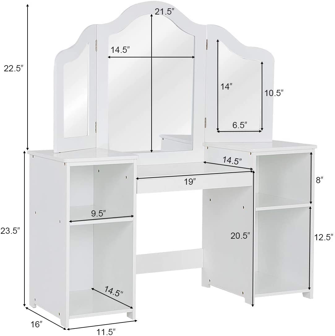 HONEY JOY Kids Vanity, Little Girls Vanity Set with Tri-Folding Mirror, Wooden Princess Makeup Dressing Table, Toddler Vanity, Pretend Play Kids Vanity Table and Chair Set (White)