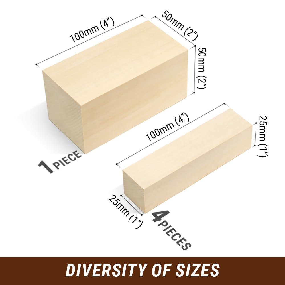 BeaverCraft Basswood Carving Blocks 5PCS Whittling Wood for Carving - Large, Small Wooden Blocks for Crafts, Unfinished Wood BW1