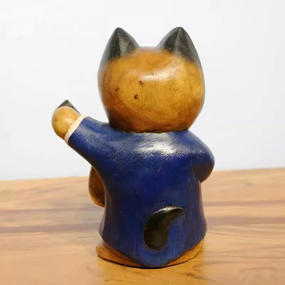 AHZGBL Wooden Cat Figurine, Hand Carved Solid Wood Cat Statue from Thailand, Whimsical Home Decor for Living Rooms, Restaurants, Bars, Cafes, Music-Themed Cat Collectibles (Cello Cat)