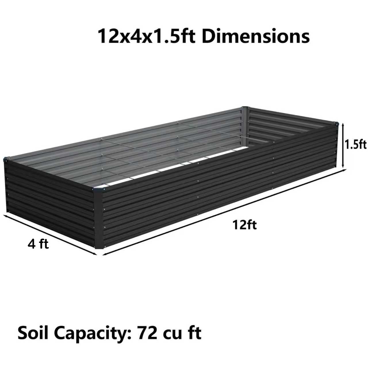 Foxlang 12x4x1.5ft Galvanized Raised Garden Bed,Outdoor Planter Box Metal Patio Kit Planting Bed for Vegetables Flowers Herb,Black