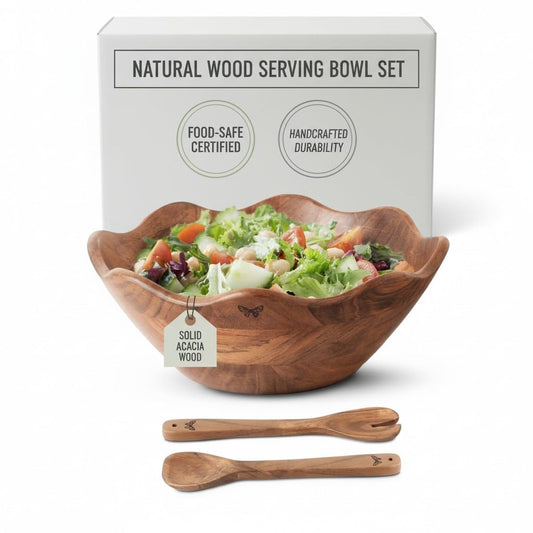 Melvvi Large Wooden Salad Bowl Set with 2 Serving Utensils | 12" Acacia Wood Bowls for Food | Great Mothers Day gift (Natural Set of 3)