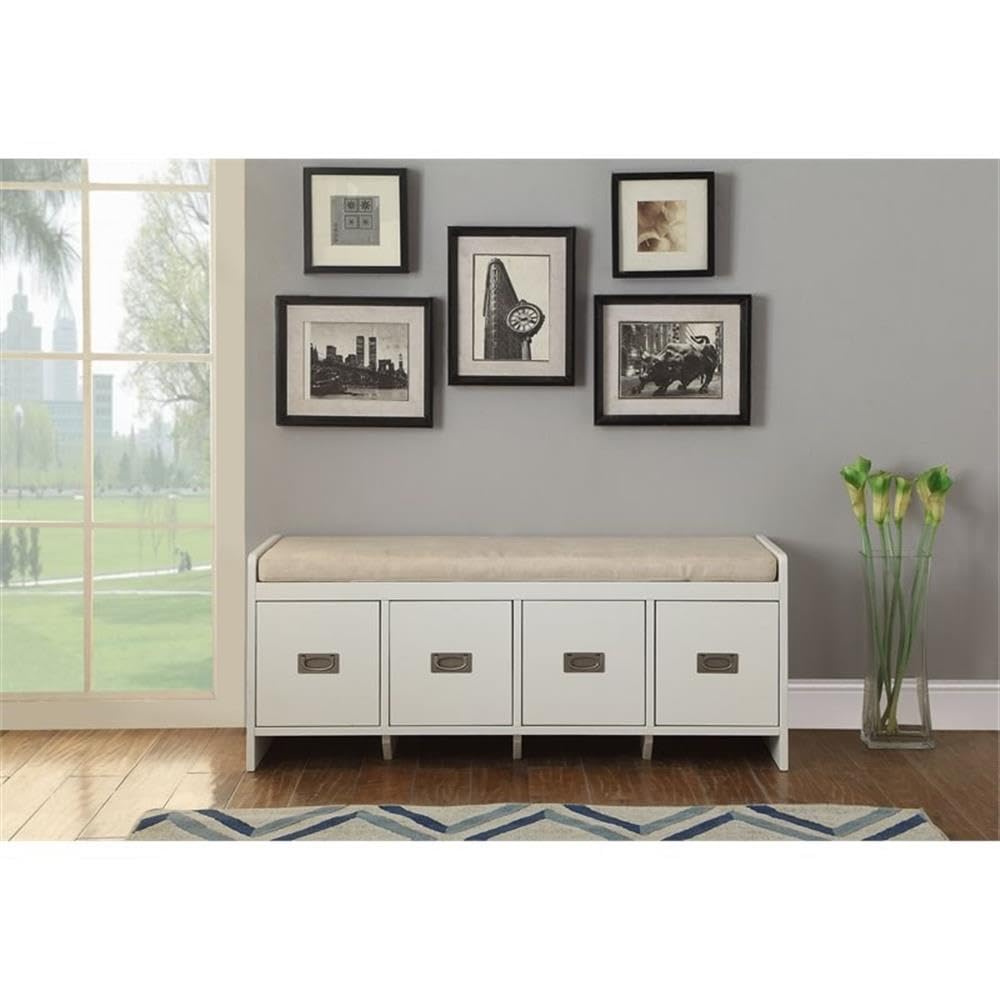Acme Berci Wooden Upholstered Bench with Removable Cushion in Beige and White