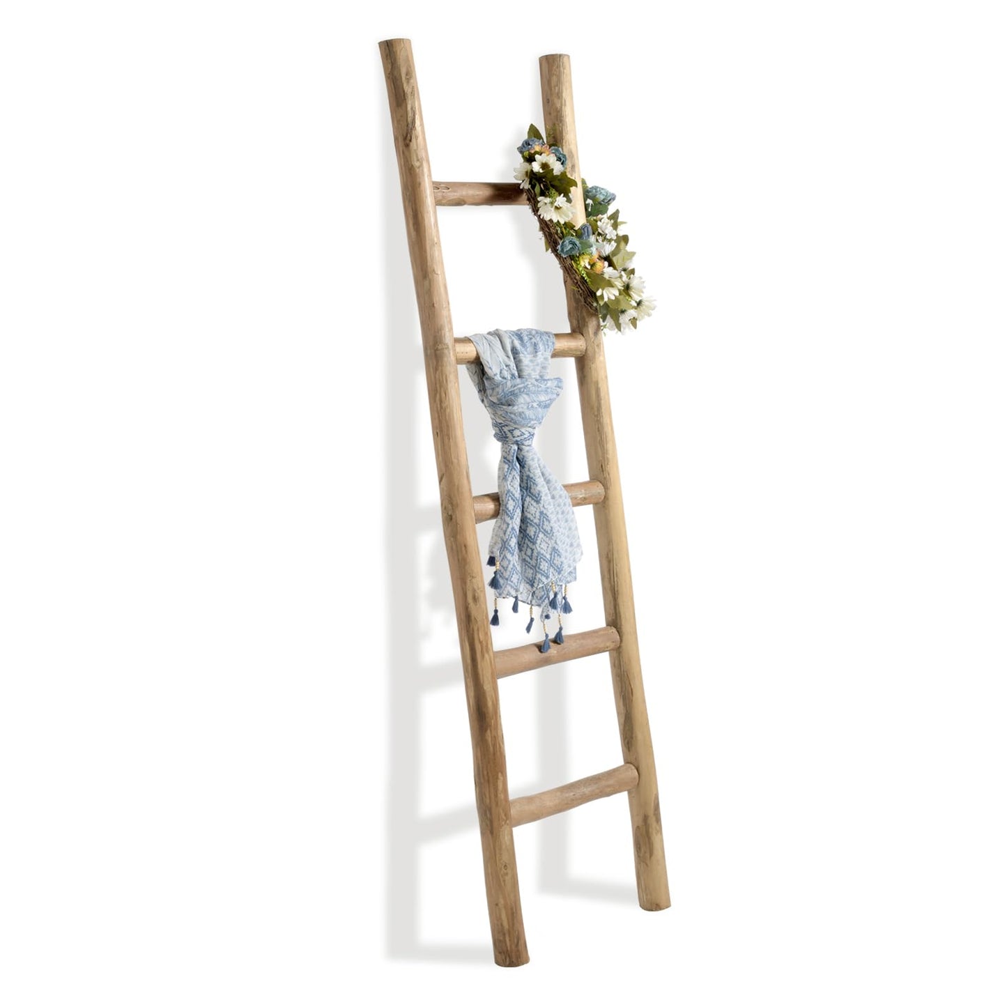 FUIN Fully Assembled 57in Wood Blanket Ladder Living Room Decorative Wall Leaning Farmhouse Quilt Display Holder Rustic Wooden Towel Rack for Bathroom
