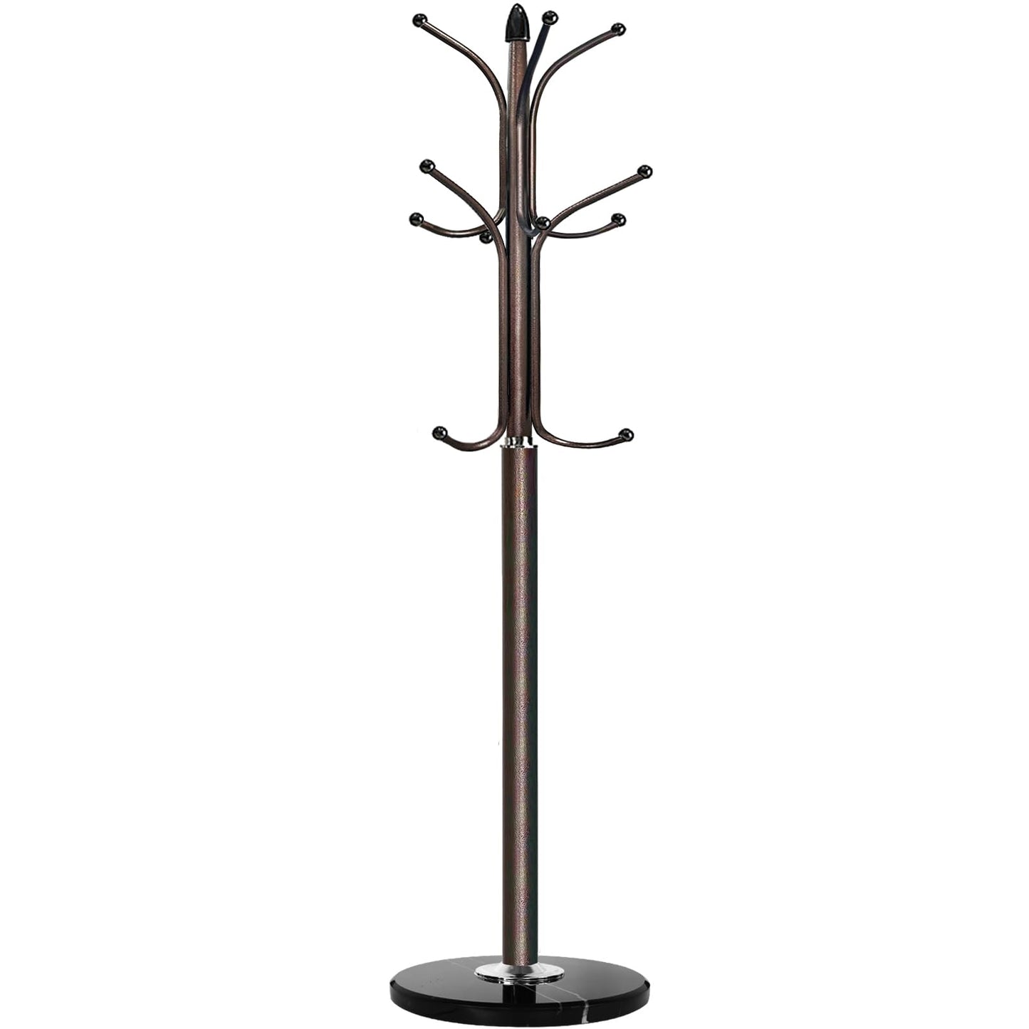 Kertnic Freestanding Coat Rack Stand, Heavy Duty Metal Hall Tree with 12 Hooks, 70 Inch Tall Stable Coat Hanger with 14.6" Natural Marble Base, Entryway Organizer for Coats Bags Hats Purses (Bronze)