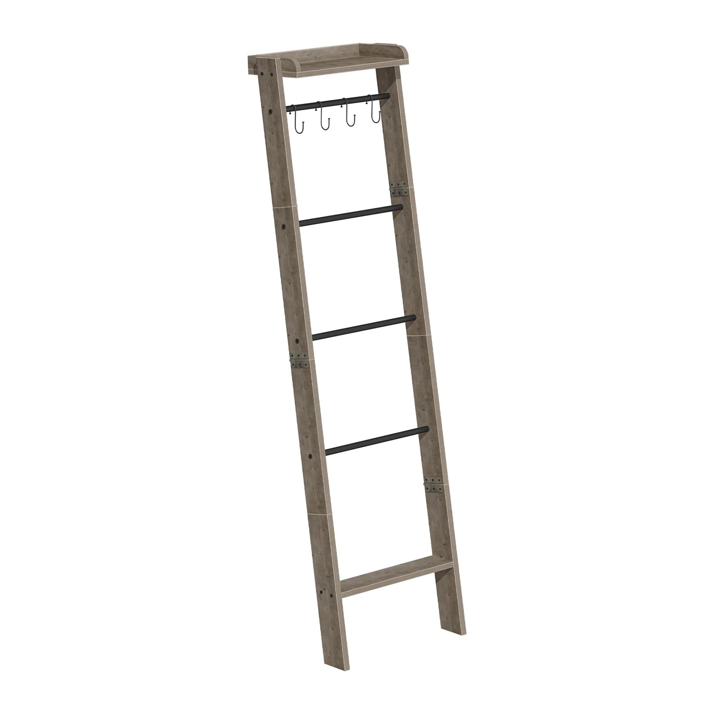 Hzuaneri Blanket Ladder Shelf, Decorative Quilt Rack, 6-Tier Farmhouse Ladder Holder Organizer with 4 Removable Hooks 7.9" D x 17.3" W x 63.4" H, Greige BR35805B