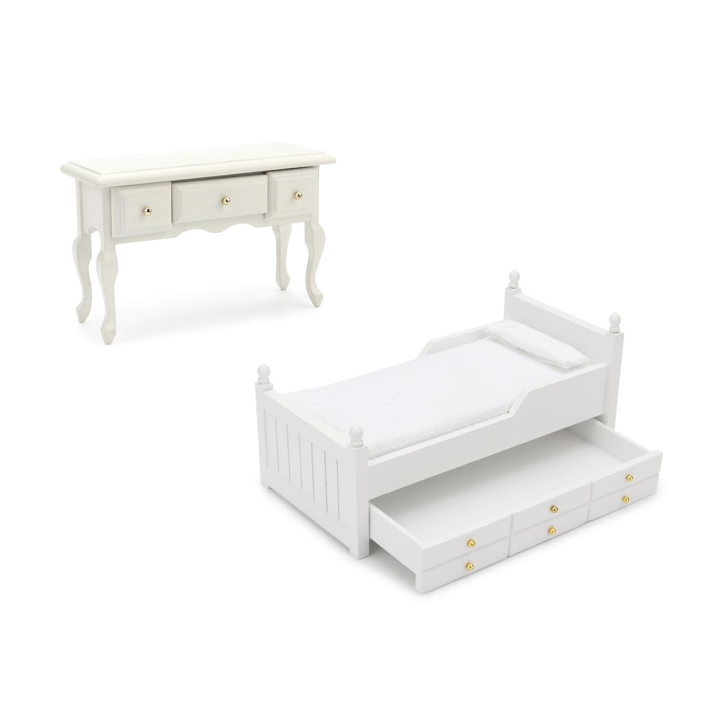 Miniature Table 1:12 Furniture & Dollhouse Miniature Bed with Drawer 1:12 Wooden Furniture European Bedroom Bedding Furniture Accessories with Pillow & Mattresses