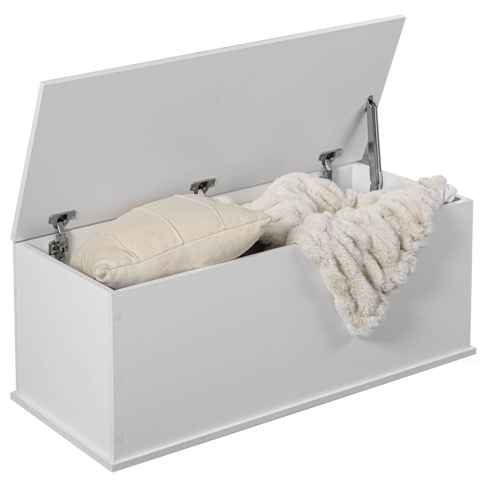 Basicwise Multi Purpose White Wooden Storage Box, Organizer and Bench Perfect Furniture to Add Accent in Entryway and Keep Shoes, Bedroom Bench, Playroom Storage or Window Table in Your Living Room