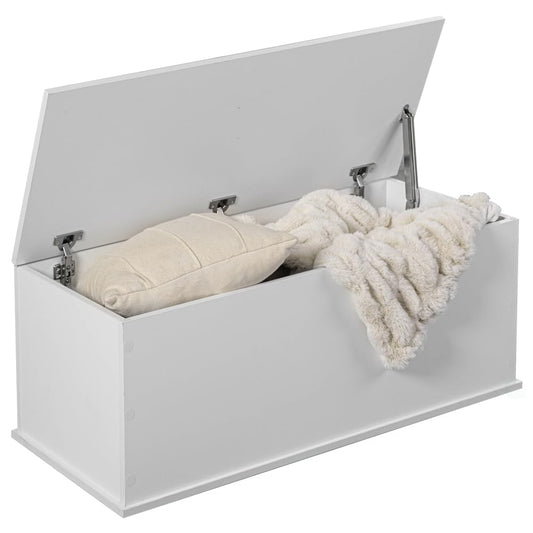 Basicwise Multi Purpose White Wooden Storage Box, Organizer and Bench Perfect Furniture to Add Accent in Entryway and Keep Shoes, Bedroom Bench, Playroom Storage or Window Table in Your Living Room