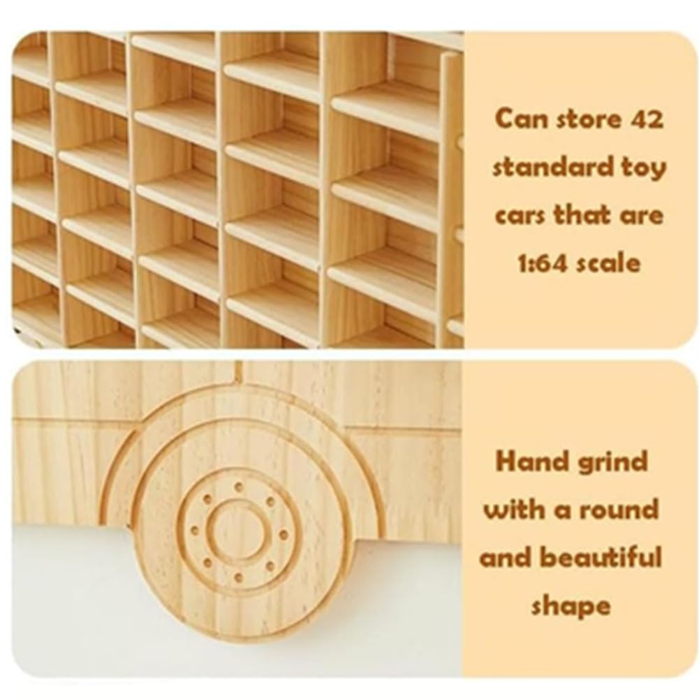 Wasaiggon Wood Toy Car Display Rack, Holds 42 Diecast Cars Model Car Display Case 1/64 Scale Toy Cars Organizer Freestanding or Wall-Mounted Toy Car Storage Cabinet