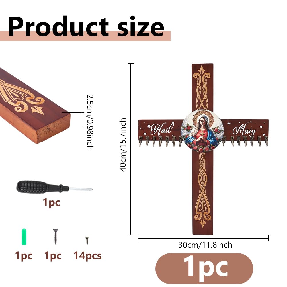 DICOSMETIC Wooden Rosary Holder Wall Mounted with 14 Hangers Wall Mounted Necklace Organizer 15.75"x11.81" Cross Decorative Hanger Large Catholic Rosary Holder for Necklace, Bracelet Storage