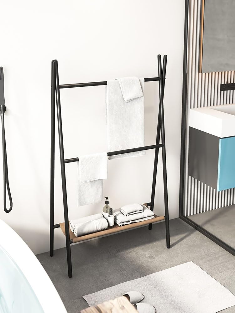 BIOMICE Floor Towel Rack 2-Tier Towel Rack with Shelf Metal Towel Stand Free Standing Towel Holder for Bathroom Freestanding Towel Racks(White)