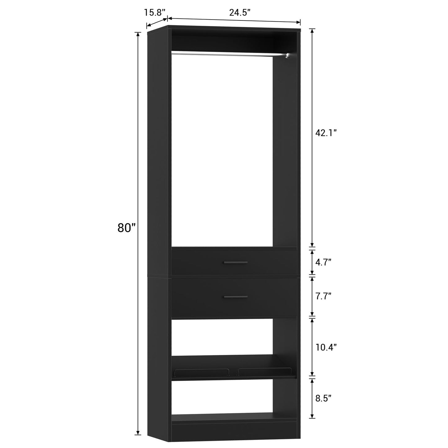 Unikito 25" W x 80" H Closet Organizer Storage with Hanging Rod and 2 Wooden Drawer, Adjustable Angled Shoes Rack, Sturdy Garment Racks, Walk-in Closet Tower for Bedroom, Mudroom, and Entryway, Black