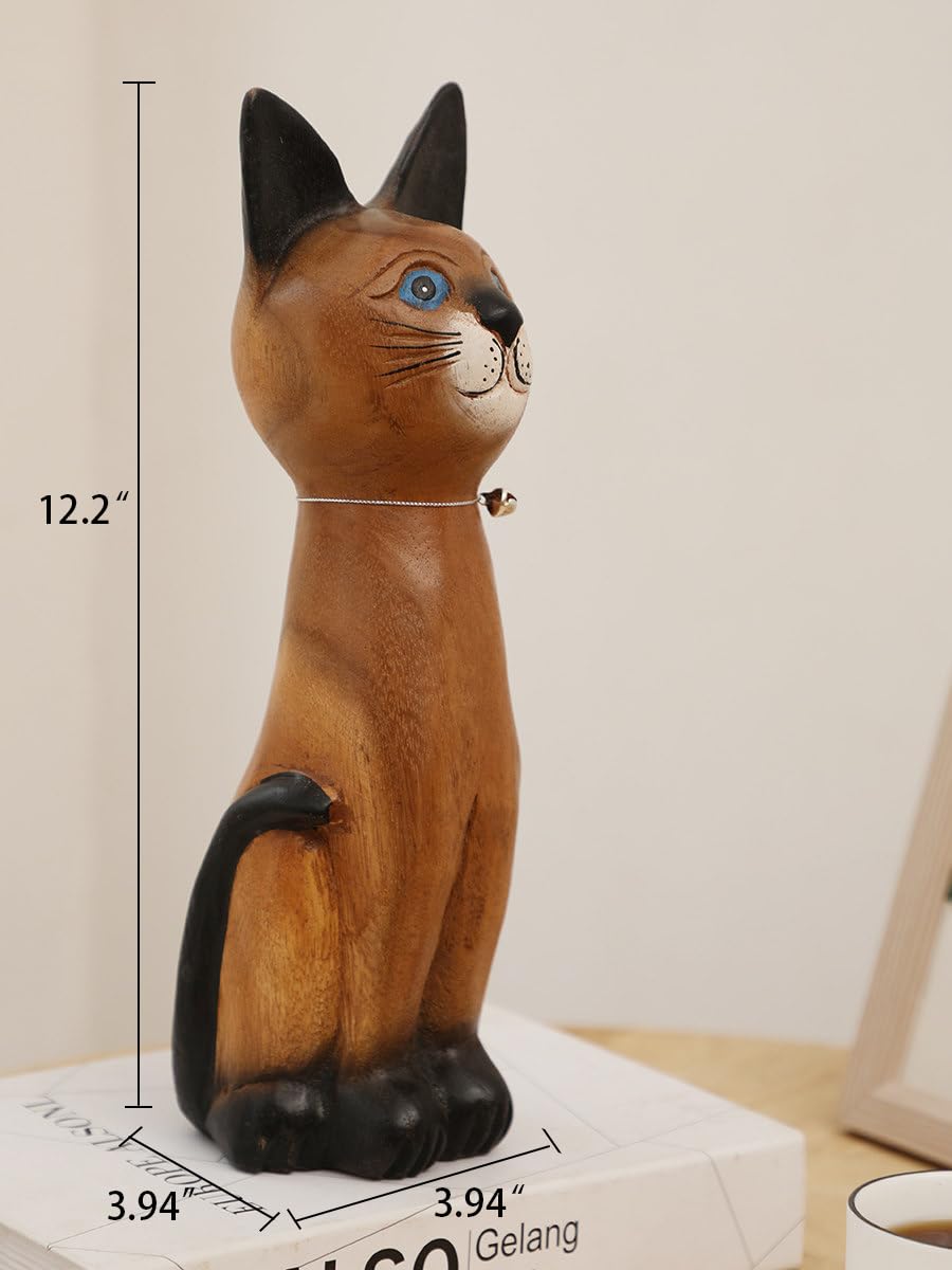 AHZGBL Wooden Cat Figurine, Hand Carved Solid Wood Cat Statue from Thailand, Handcrafted Home Art Decor for Living Rooms, Entryways, Restaurants, Bars, Cafes, Offices, Gift for Cat Lovers(Sitting Cat)