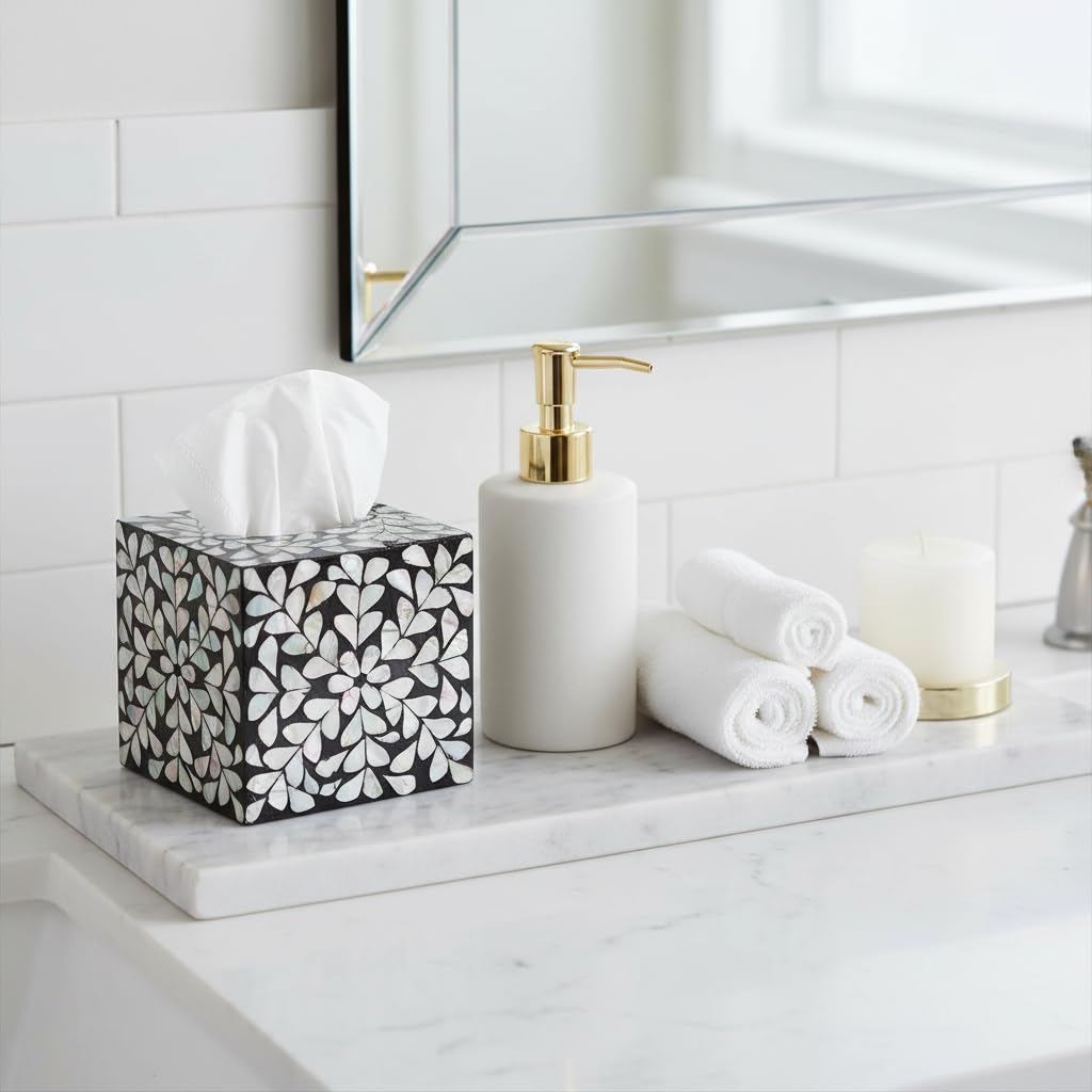 PEMAR Decorative Tissue Box Cover, 5.5” Cube Wooden Tissue Holder with Mother of Pearl Inlay, Farmhouse Rustic Napkin Dispenser for Bathroom, Living Room, Kitchen, Office (White Vines (Standard 5.5")