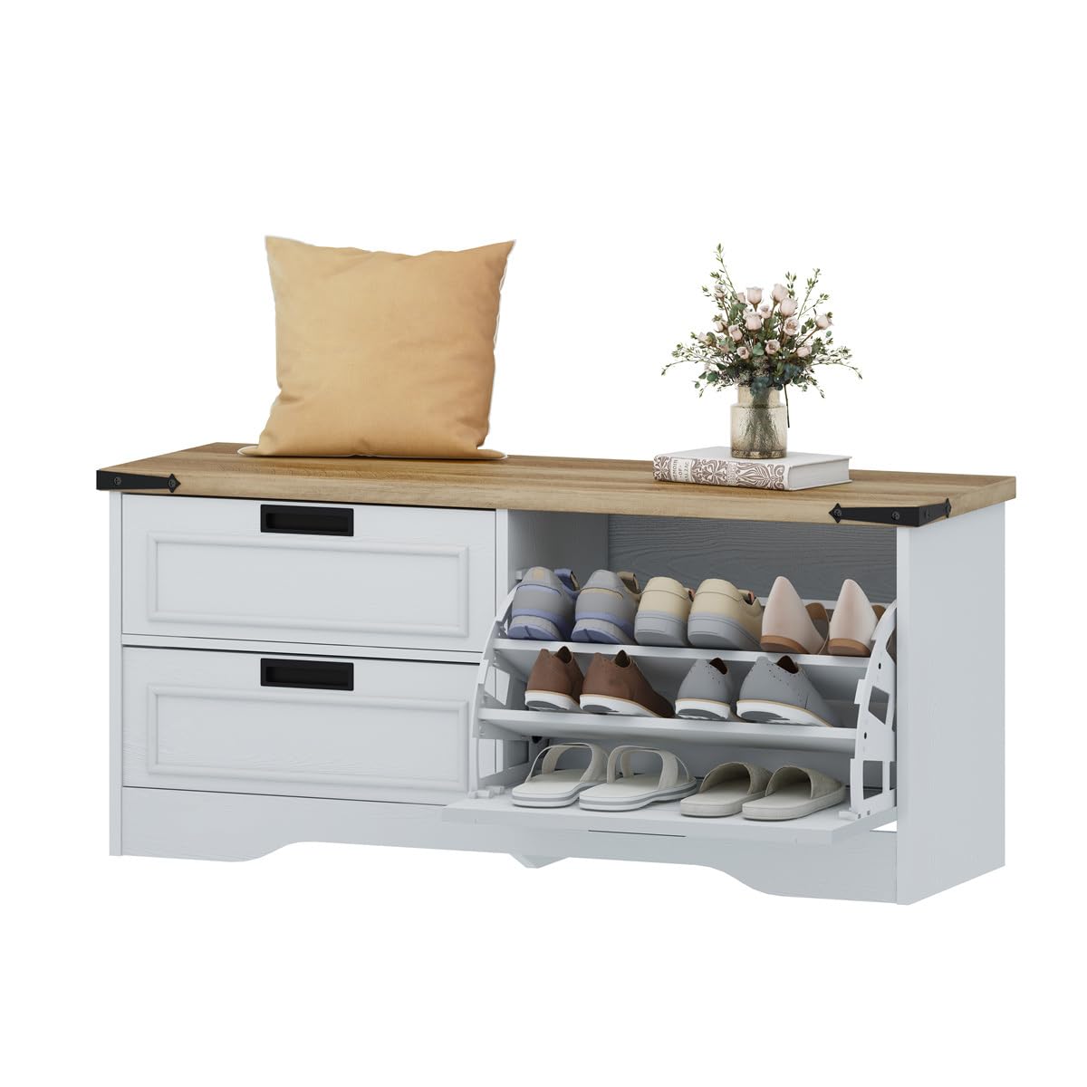 FATORRI Shoe Storage Bench, Entryway Bench with Flip Drawer, Wooden Entry Way Shoe Cabinet for Living Room Hallway (Rustic Oak+White Oak)