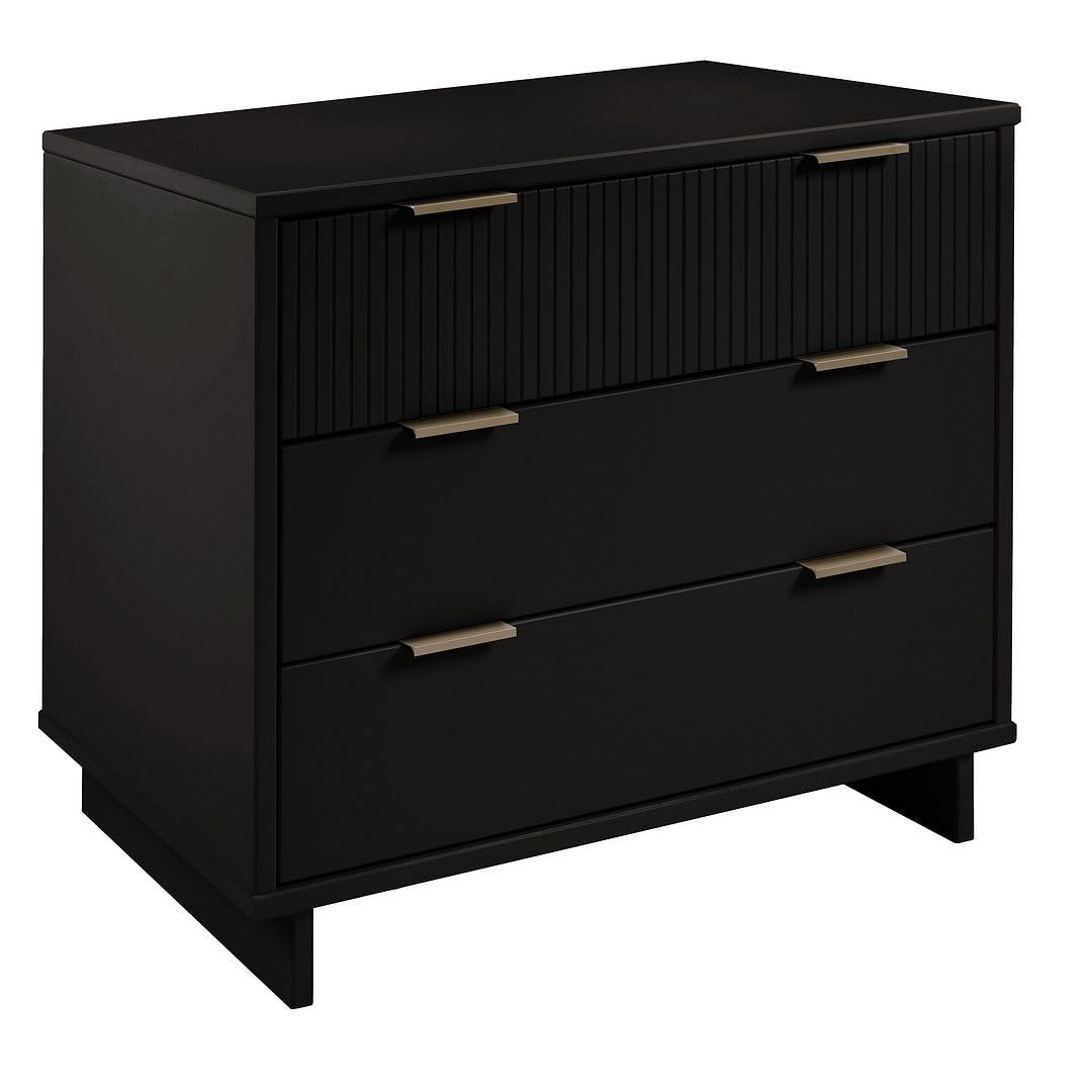 Manhattan Comfort Granville 38-Inch Solid Wood Dresser with 3 Full Extension Soft Close Drawers, Fluted Ribbed Front with Gold Metal Handles for Bedroom, Living Room, Dorm, Nursery in Black